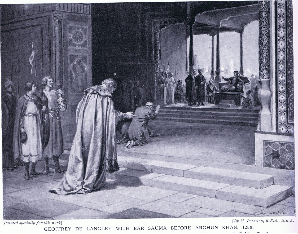 Geoffrey de Langley met Bar Sauma voor Arghun Khan 1288AD (litho) door Margaret Dovaston