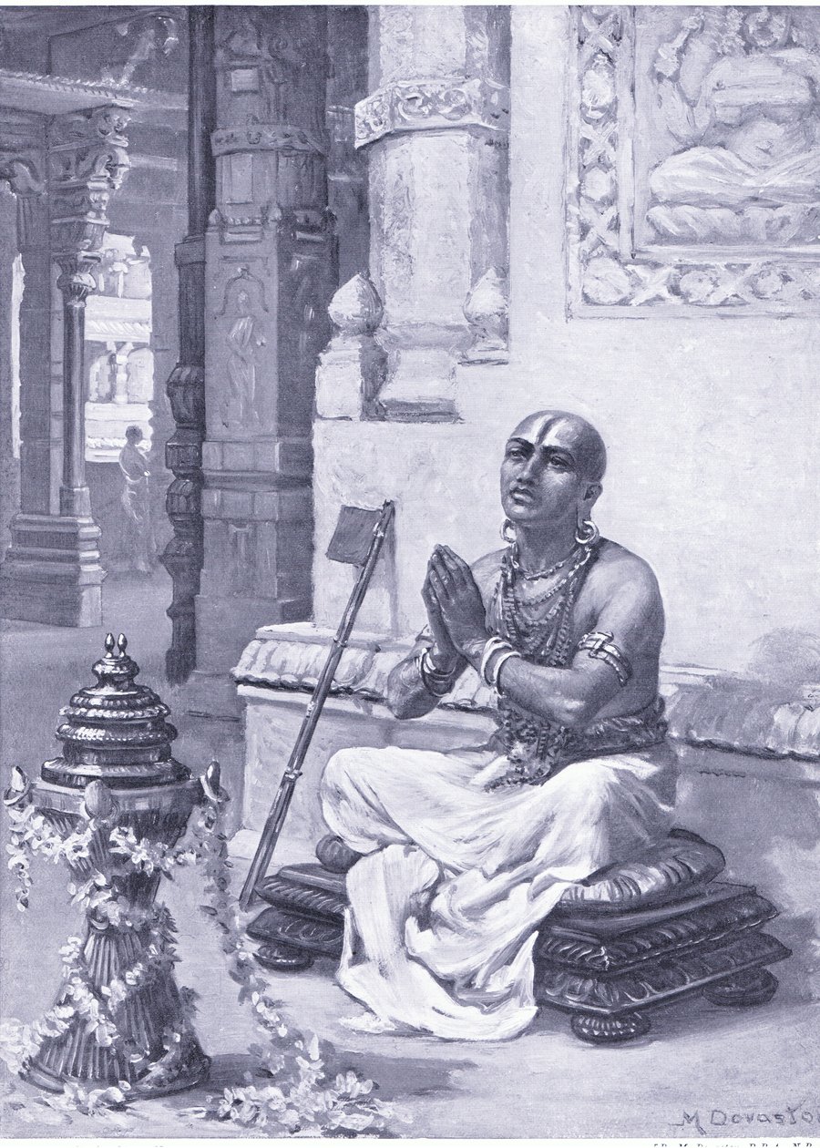 Ramanuja overpeinst zijn filosofie van de ene persoonlijke God 1100 n.Chr. (litho) door Margaret Dovaston