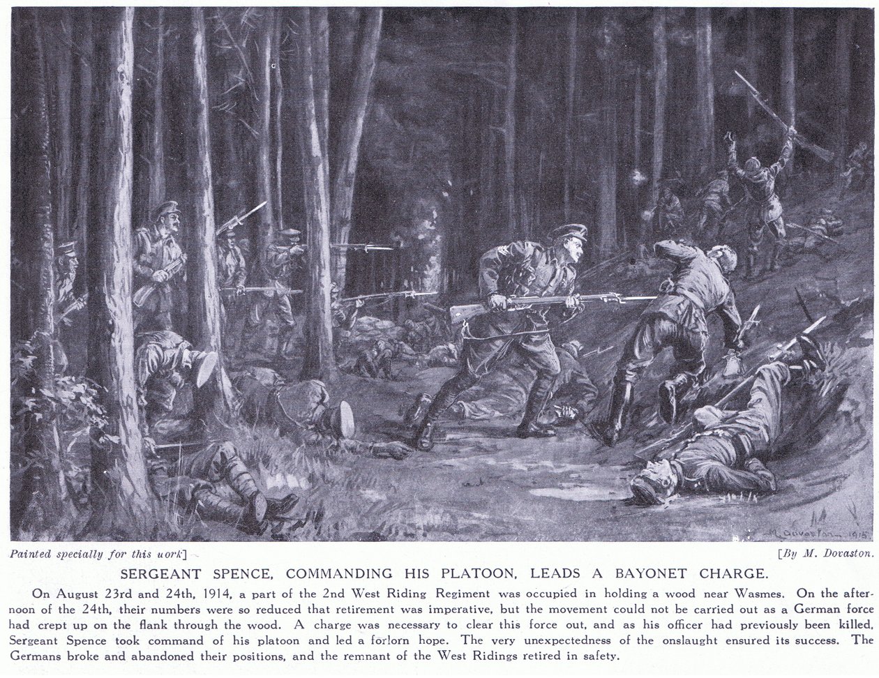 Sergeant Spence won een DCM voor het leiden van zijn peloton tijdens een bajonetcharge in bossen bij Wasmes in augustus 2014 (litho) door Margaret Dovaston