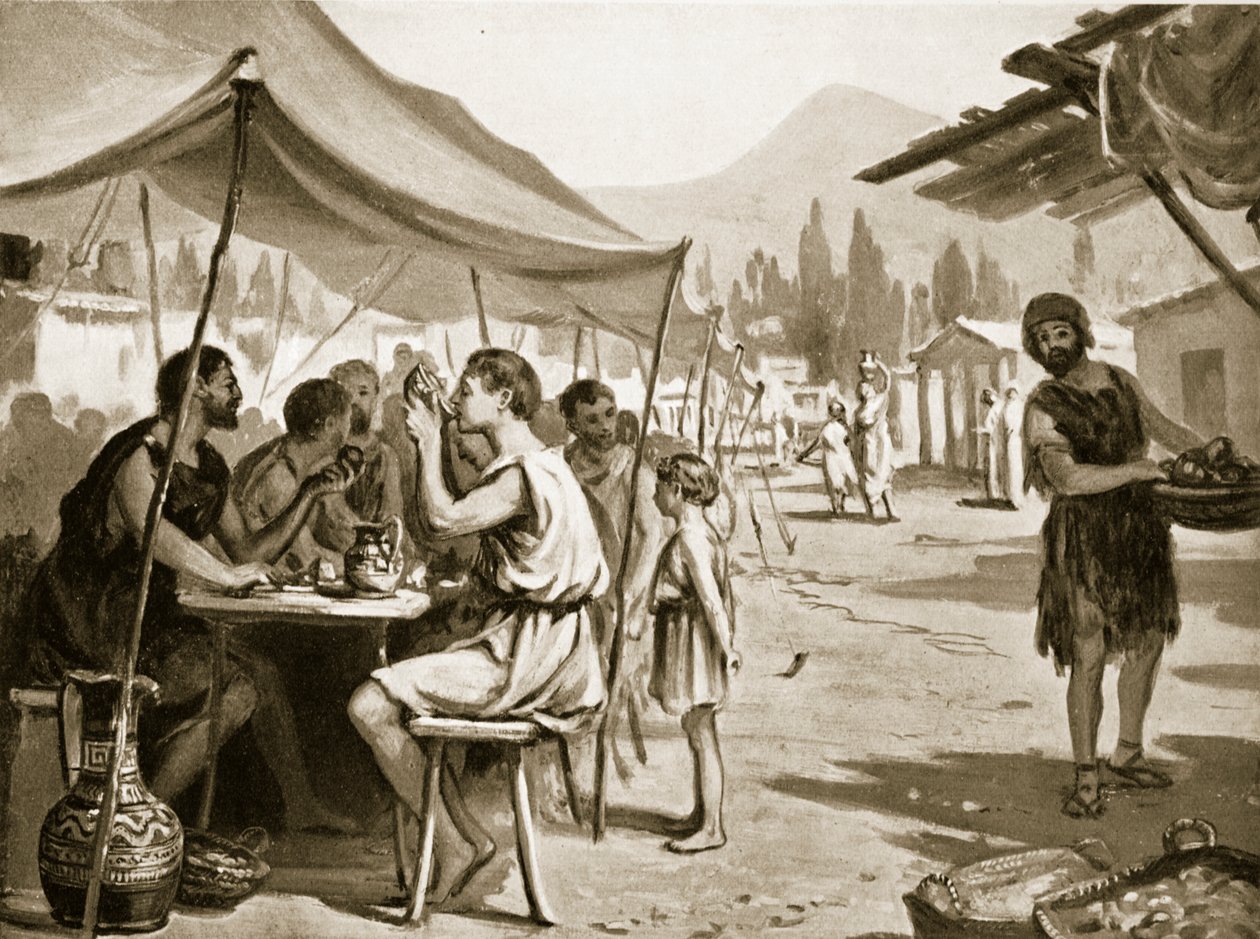 Spartanen eten aan openbare tafels, illustratie uit 