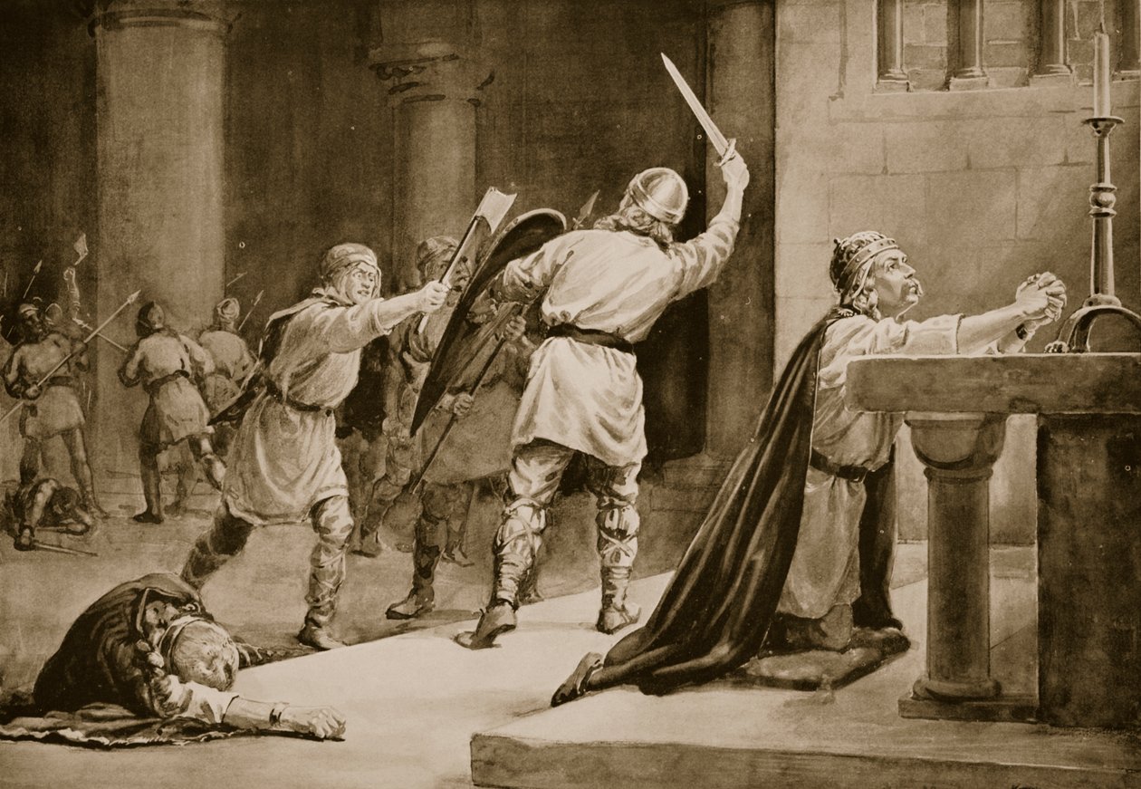 De moord op Knut de Heilige in 1086 (litho) door Margaret Dovaston
