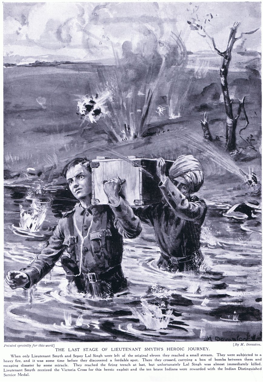 De laatste etappe van de heldenreis van luitenant Smyth: Onderscheiden met het Victoriakruis mei 1915 (litho) door Margaret Dovaston