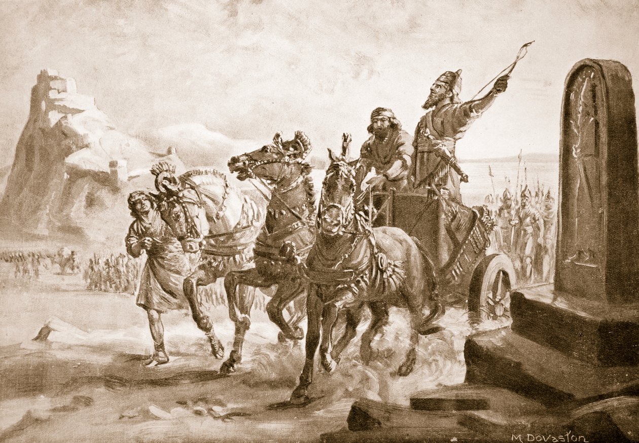 Tiglath-Pileser IV voor de citadel van Turushpa, illustratie uit 