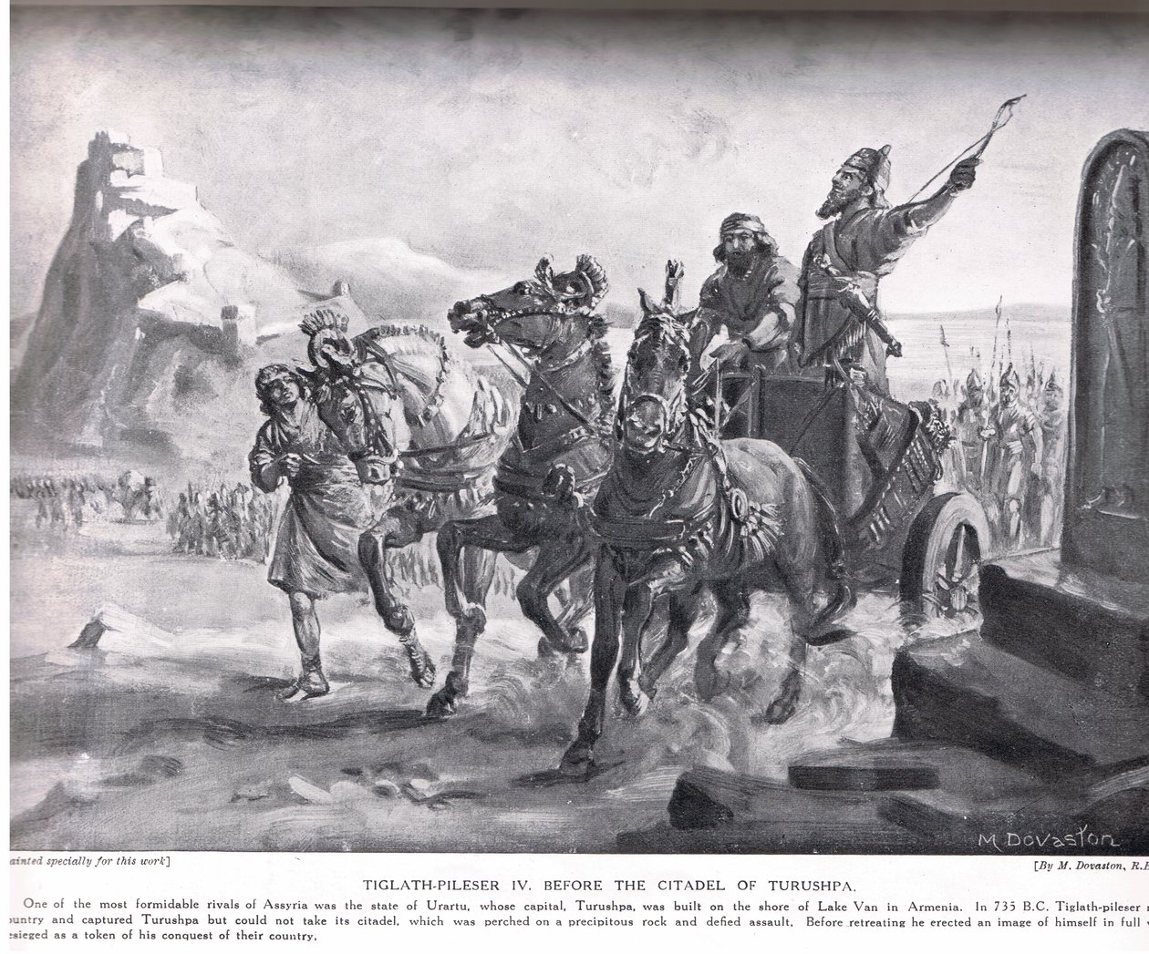 Tiglath-Pileser IV voor de citadel van Turushpa, illustratie uit 