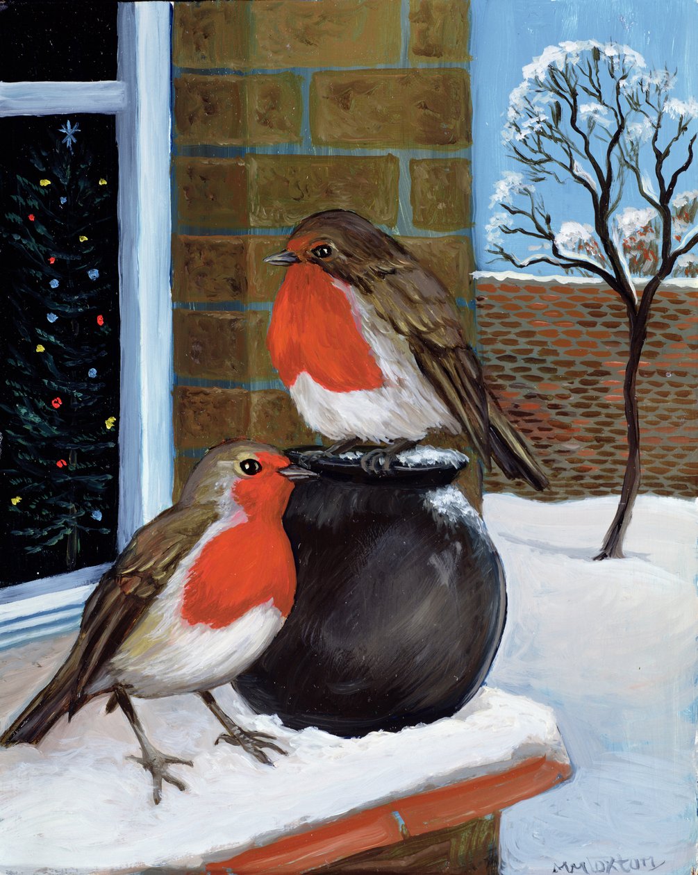 Roodborstjes in de sneeuw door Margaret Loxton