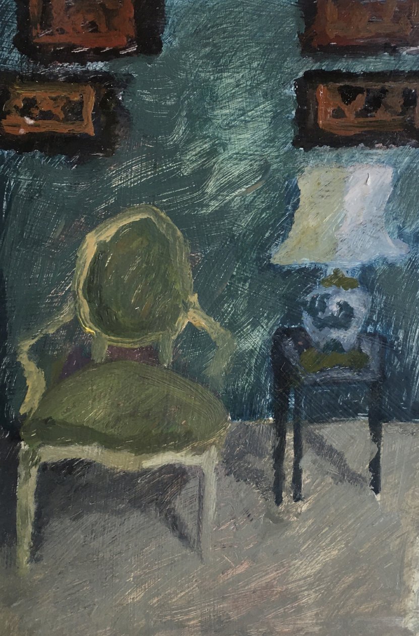 Interieur met fauteuil en lamp, 2019 (olieverf op papier) door Maria Magenta