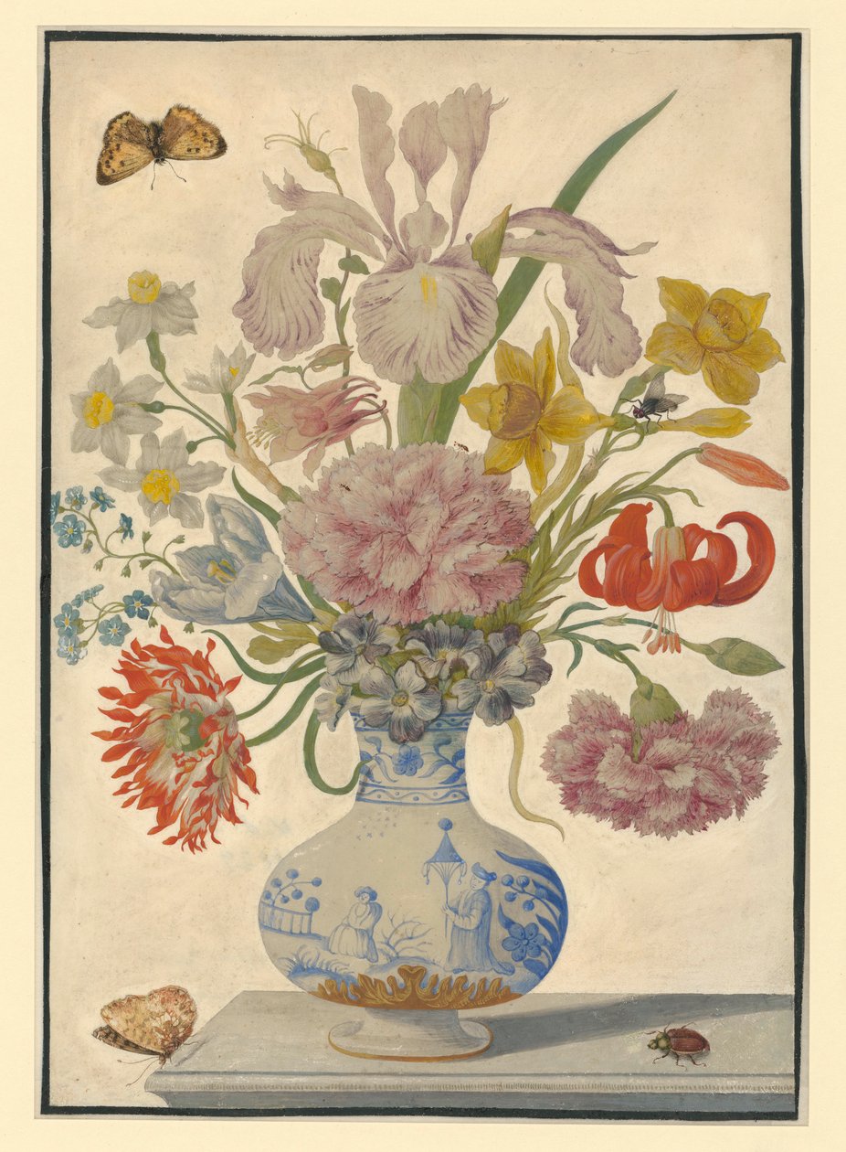 Chinese vaas met irissen, lelies en anjers. Op de tafel een vlinder links en een meikever rechts door Maria Sibylla Merian