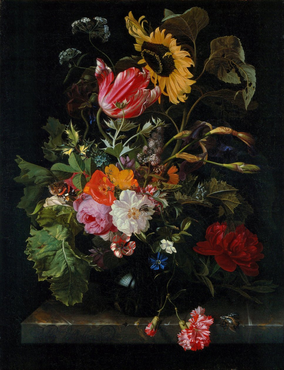 Boeket bloemen in een vaas door Maria van Oosterwijck