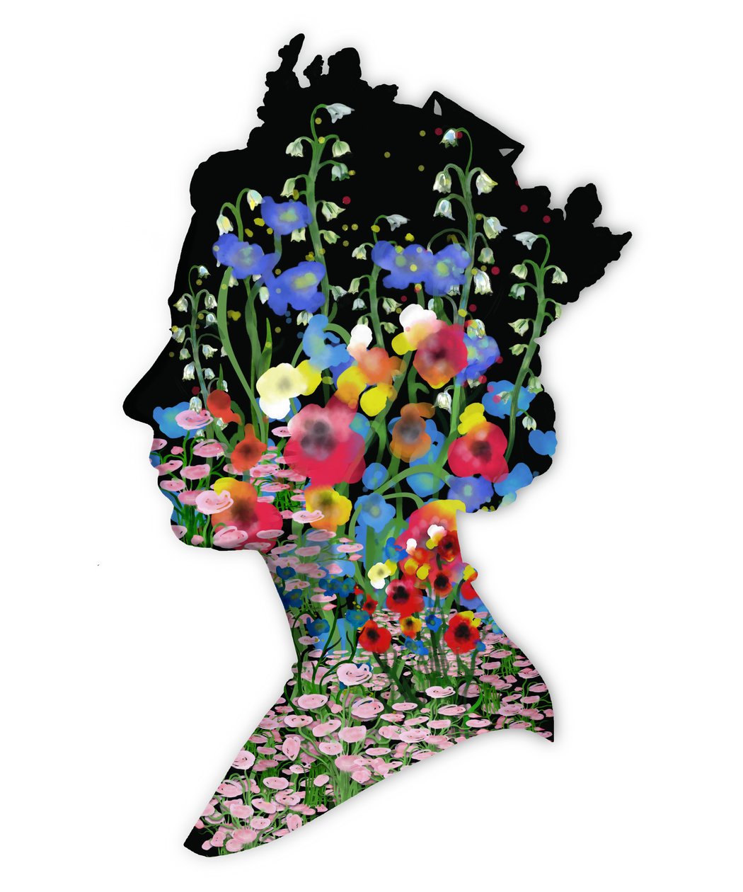 Hare Majesteit Koningin Elizabeth II, Bloemenhulde, 2022 (aquarel, digitaal) door Marianna Kulukundis