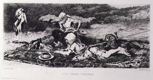 De slangenbezweerder (gravure door Emile Boilvin) door Mariano (after) Fortuny