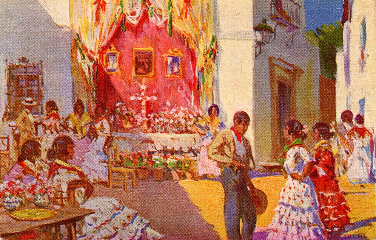 Straataltaar voor het la Cruz de Mayo festival. Sevilla, Spanje door Mariano Bertuchi