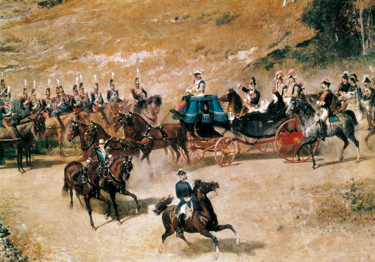 Koningin María Cristina en haar dochter, Isabel II, inspecteren de artilleriebatterijen die Madrid verdedigen in 1837 (detail), c. 1866 door Mariano José María Bernardo Fortuny y Carbó