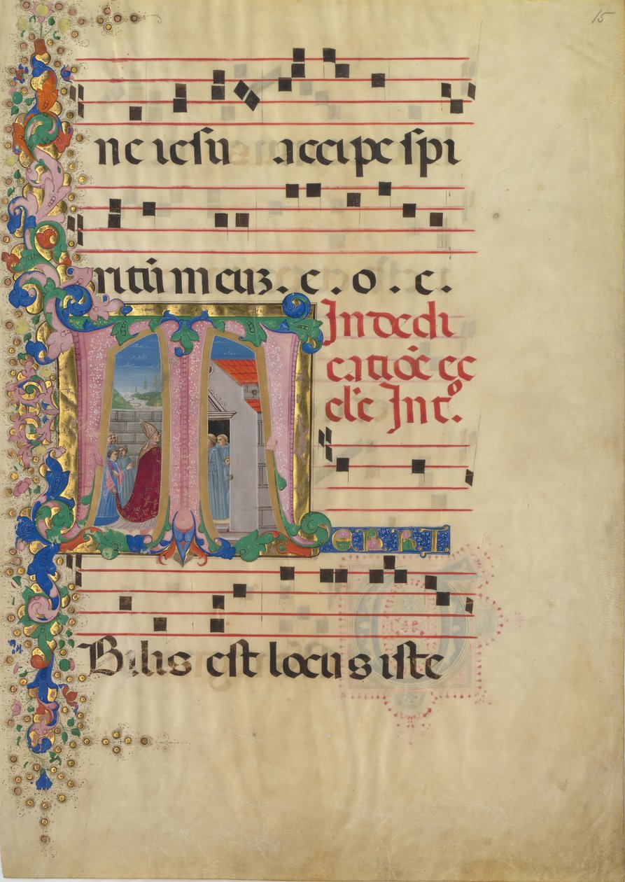 Manuscriptblad met de Inwijding van een Kerk in een Initiaal T, uit een Graduale, 2e helft 15e eeuw door Mariano del Buono
