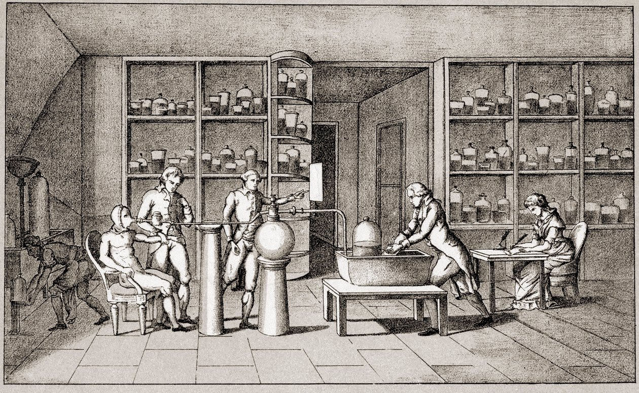 Antoine Laurent de Lavoisier (1743-1794), Franse chemicus die een experiment uitvoert over de ademhaling van een rustende man. Tekening door mevrouw Lavoisier. Parijs 18e eeuw. Leemage collectie. door Marie Anne Pierrette Lavoisier