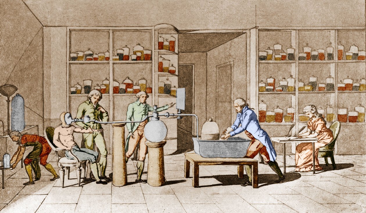 Antoine Laurent de Lavoisier (1743-1794), Franse chemicus, voert een experiment uit over de ademhaling van een rustende man. Naar een tekening van Mme Lavoisier. Parijs 18e eeuw. Leemage collectie door Marie Anne Pierrette Lavoisier