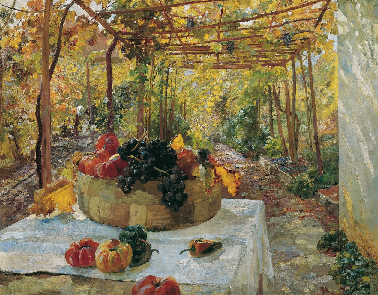 In de pergola, ca. 1910 (olieverf op papier op karton) door Marie Egner