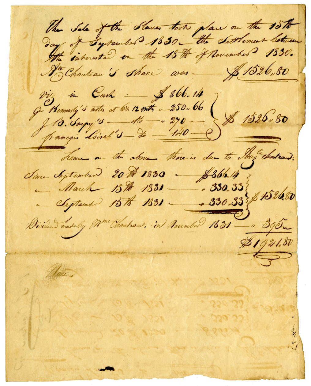 Document betreffende verkoop van slaven en aandeel dat naar verschillende individuen gaat, november 1831 door Marie Therese Cerre Chouteau