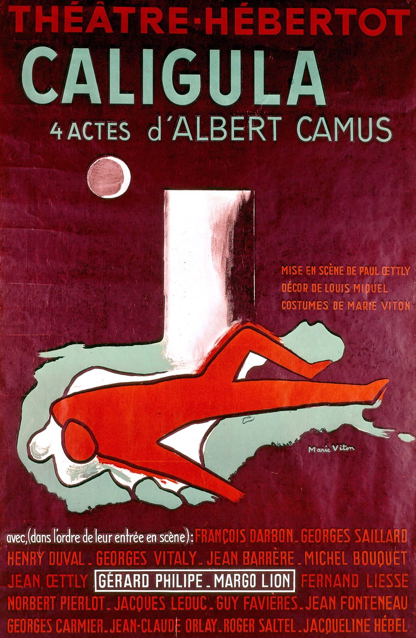 affiche voor toneelstuk Caligula van Albert Camus, opgevoerd in Parijs, met Gerard Philipe en Margo Lion in 1945 door Marie Viton