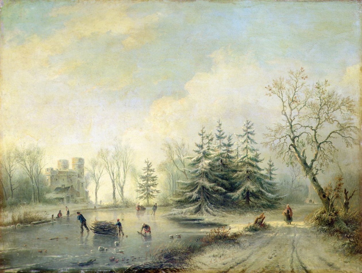 Bomen, Kasteel en Schaatsende Figuren door Marinus Adrianus Koekkoek