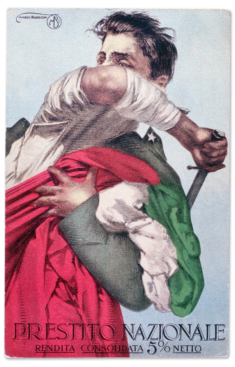 Een Italiaanse soldaat verdedigt de driekleur met getrokken zwaard. Propagandapostkaart voor de Nationale Lening, ca. 1915-18 (briefkaart) door Mario Borgoni