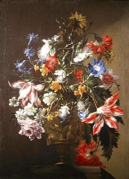 Een stilleven van bloemen in een vaas door Mario dei  Fiori