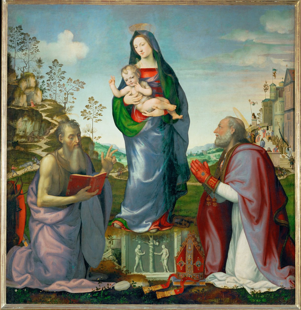 De heilige Hiëronymus en de heilige Zenobe aanbidden het Kind Jezus ... door Mariotto Albertinelli