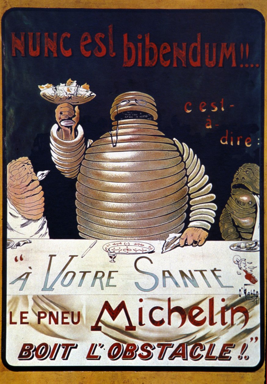 Reclameposter Michelin band: Nunc is a bibendum, de Michelin band drinkt het obstakel op door Marius Rossillon