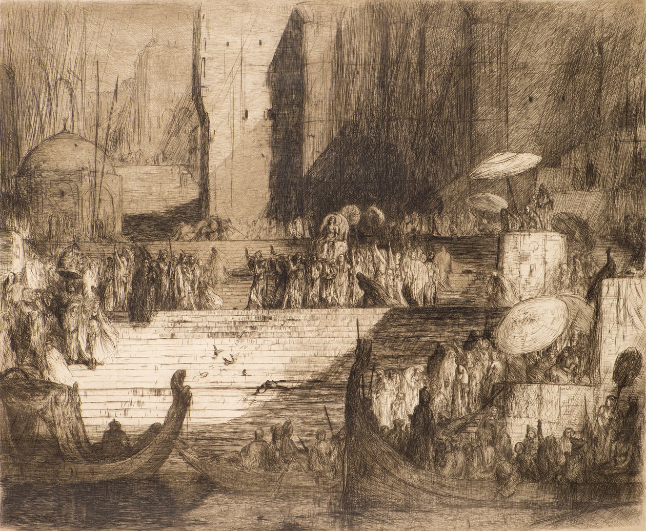Begrafenisceremonie aan de Ganges door Marius Alexander Jacques Bauer