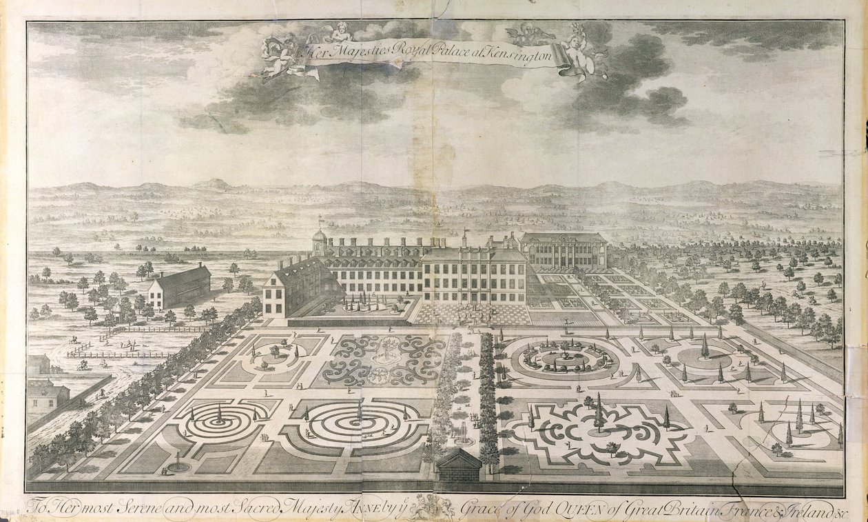 Vogelvlucht van de tuinen van Kensington Palace, gegraveerd door Johannes Kip (c.1652-1722) gepubliceerd door J. Smith, 1724 door Mark Anthony Hauduroy
