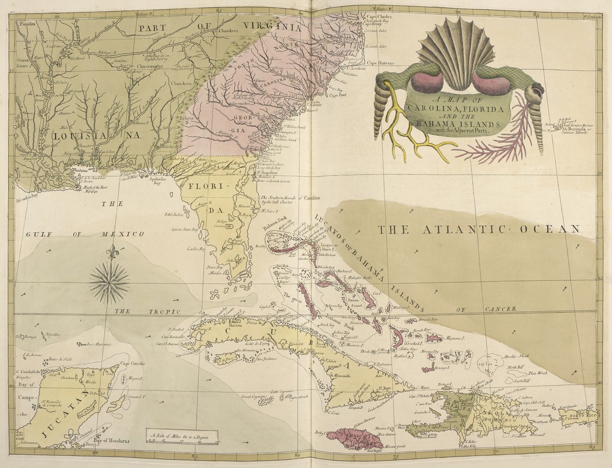 Een kaart van Carolina, Florida en de Bahama-eilanden door Mark Catesby