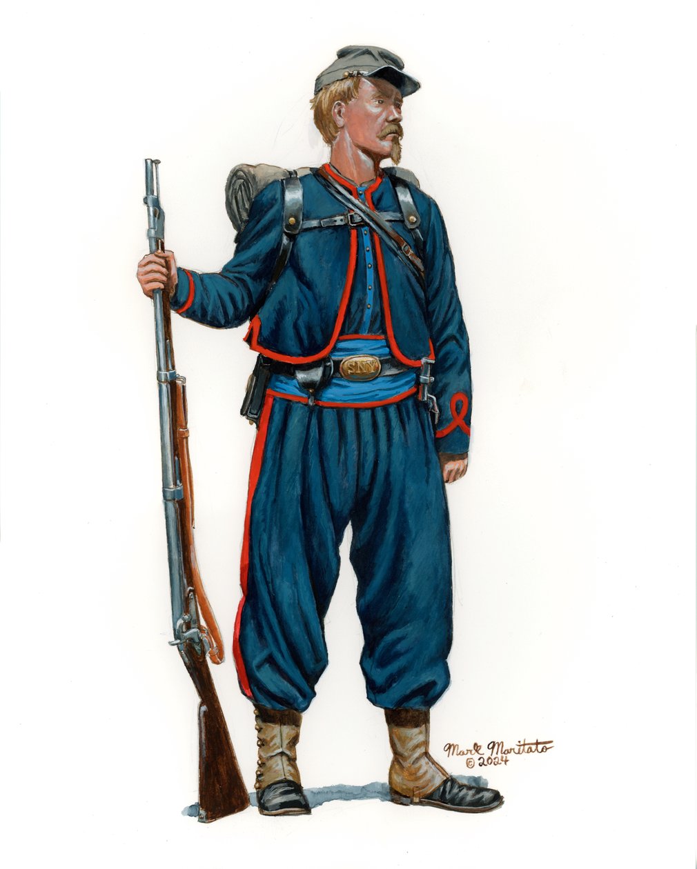 10th New York Infantry National Zouaves 1e uniform 1861, 2024 (aquarel en gouache op Bristol) door Mark Maritato