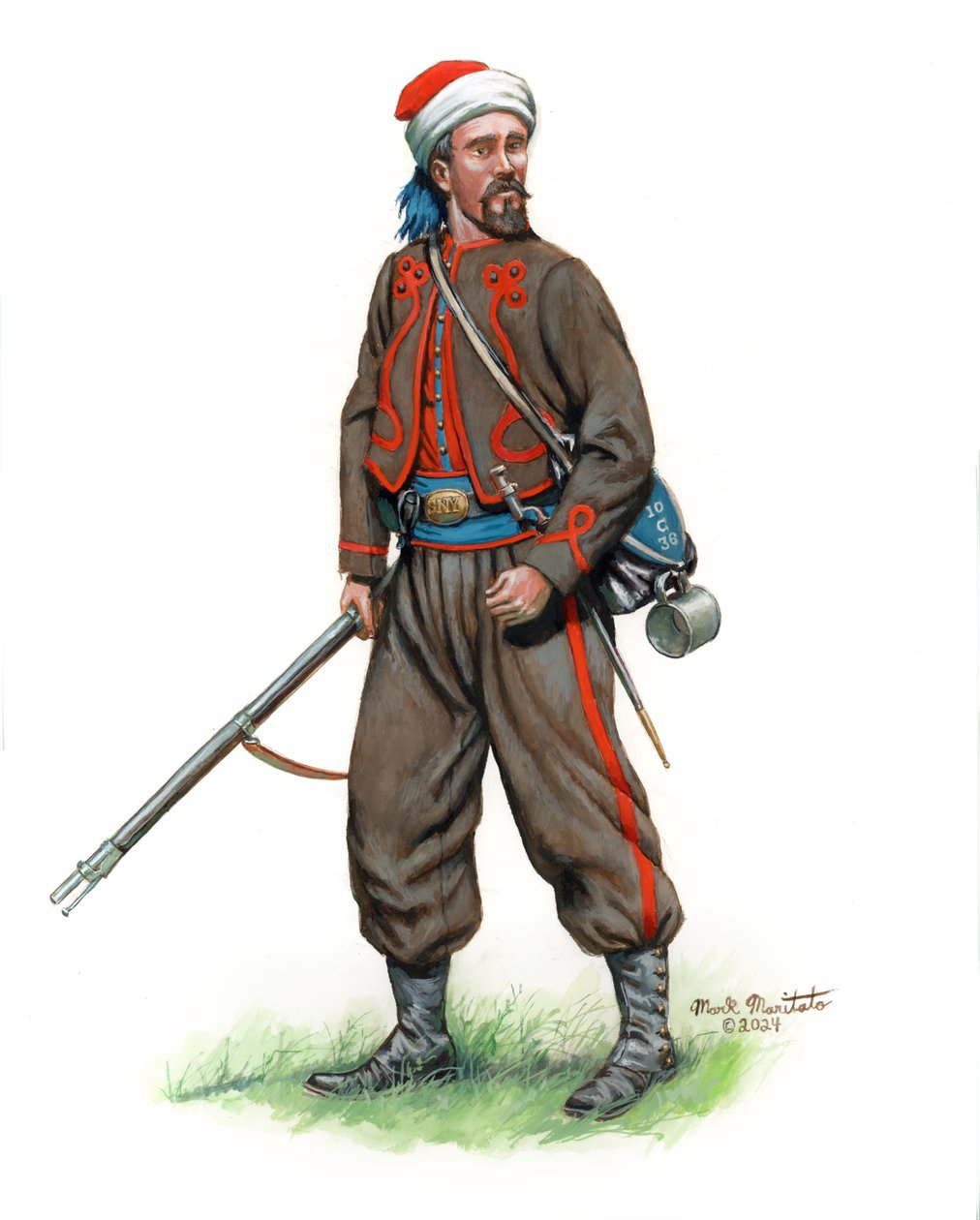 10th New York Infantry National Zouaves 2e uniform 1861, 2024 (aquarel en gouache op Bristol) door Mark Maritato