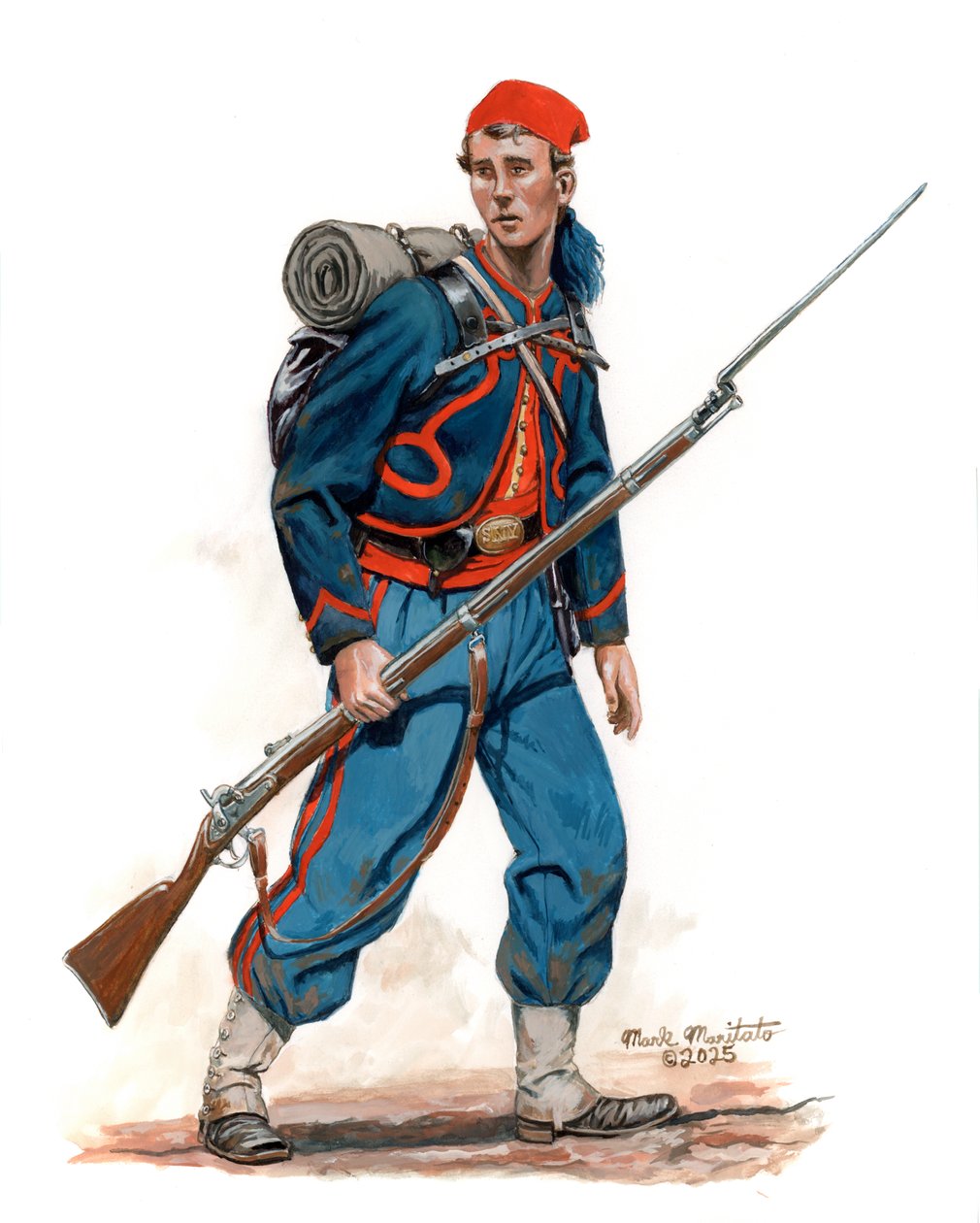 10th New York Infantry National Zouaves 4e uniform 1862, 2025 (aquarel en gouache op Bristol) door Mark Maritato