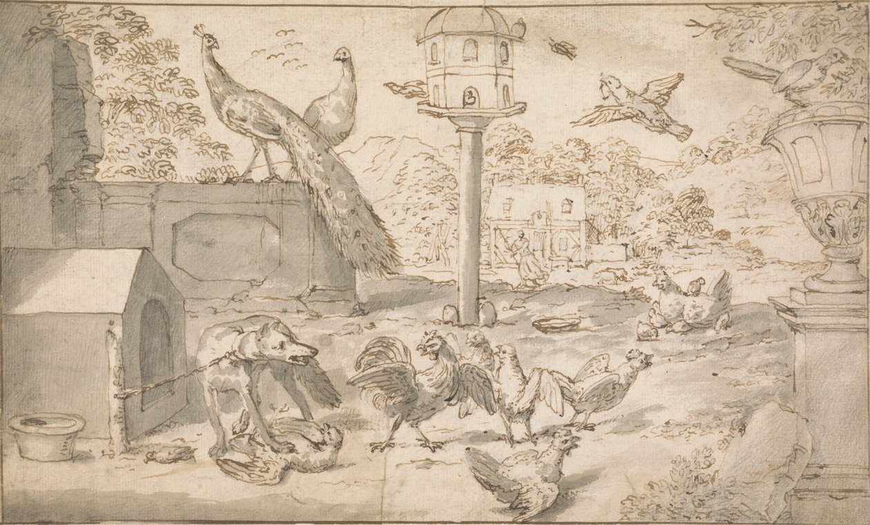 Landschap met vogels en hond door Marmaduke Cradock