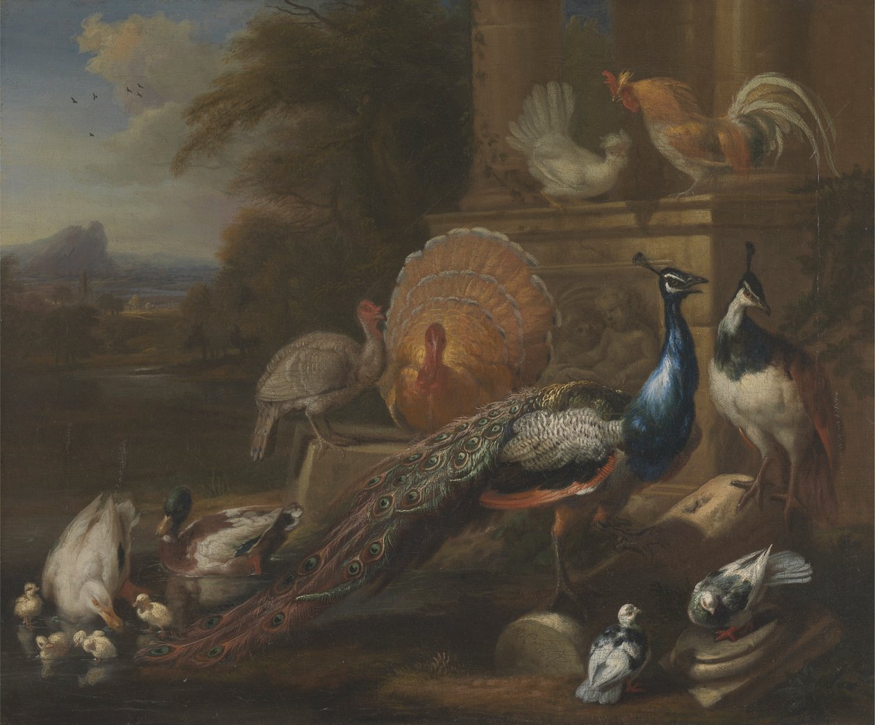 Pauwen, Duiven, Kalkoenen, Kippen en Eenden bij een Klassieke Ruïne door Marmaduke Cradock