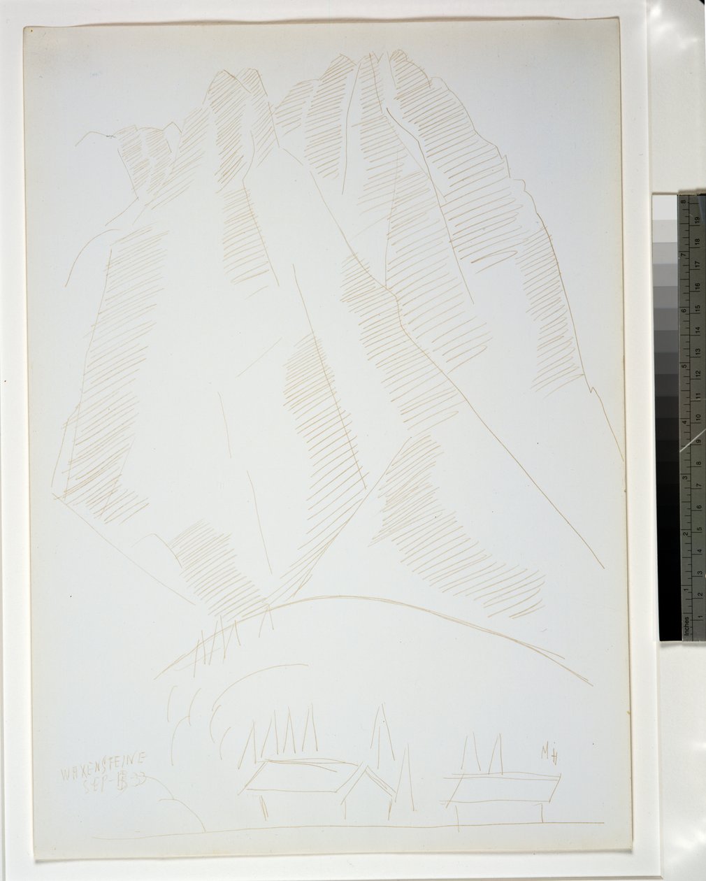 Berglandschap met twee gebouwen op de voorgrond door Marsden Hartley