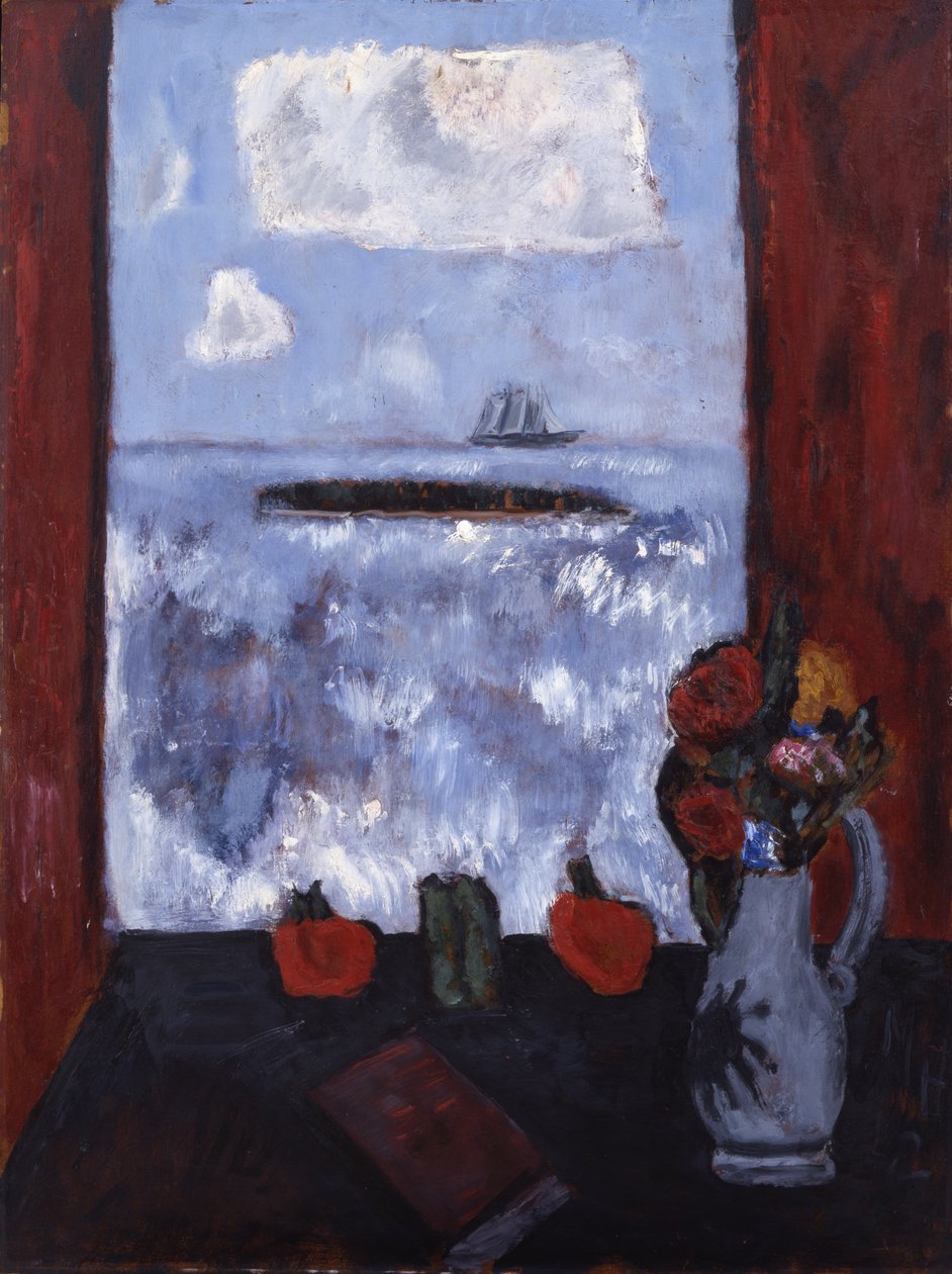 Zomer, zee, raam, rode gordijn, 1942 door Marsden Hartley