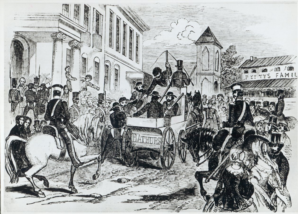 Aankomst van het regeringsvervoer bij de koloniale schatkist, Sydney, op 21 augustus 1851, uit 