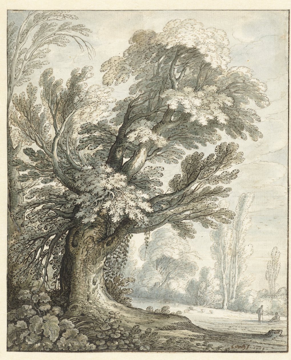Landschap met een hoge boom door Marten de Cock