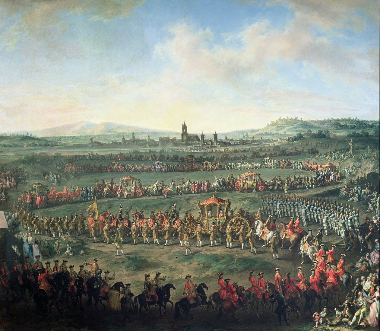 De intocht van keizer Frans I (1708-65) in Frankfurt, vergezeld door Jozef II (1741-90) door Martin II Mytens or Meytens