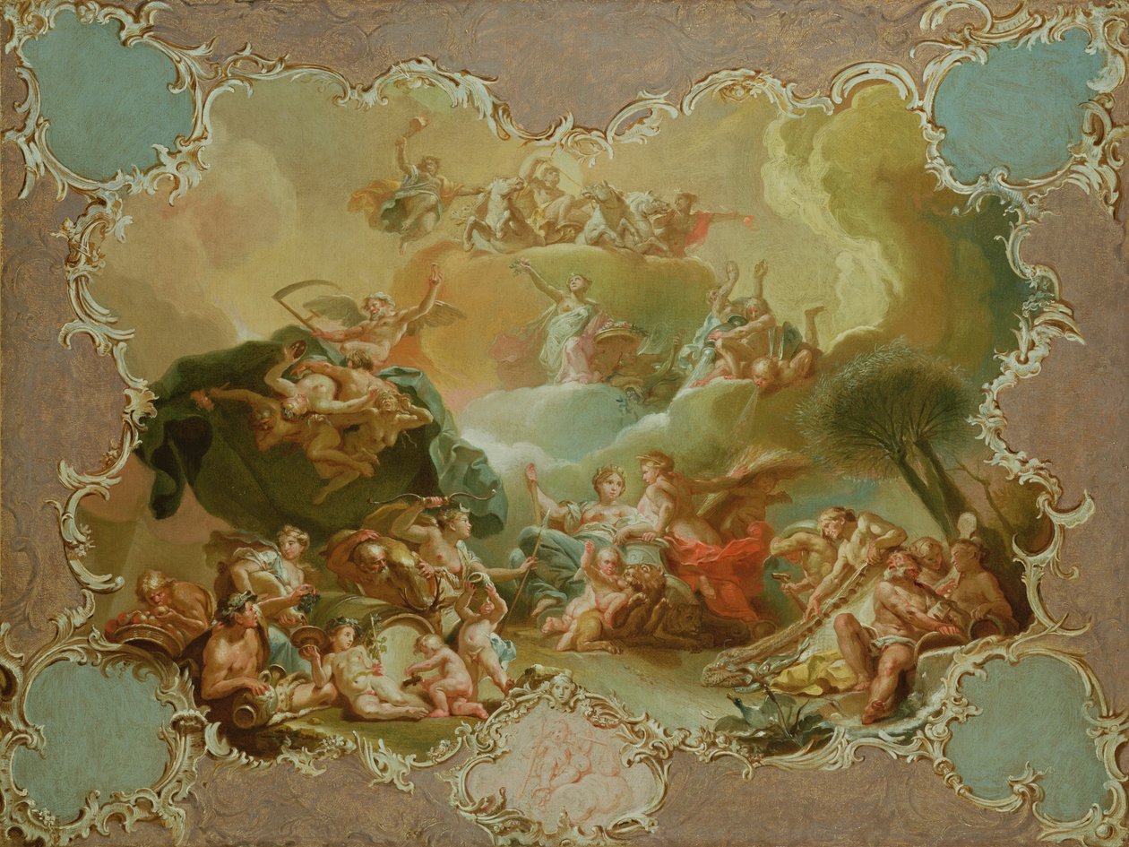 Modello voor een plafonddecoratie met Ceres met de vruchten van de aarde met Tijd die Afgunst overwint en Flora die bloemen aanbiedt aan Apollo door Martin Knoller