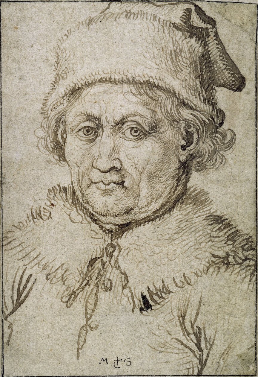 Borstbeeld van een oude man met bontkraag en hoed door Martin Schongauer