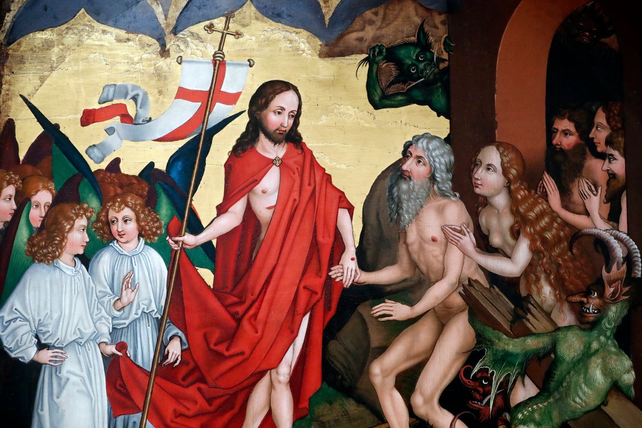Jezus trekt Adam en Eva uit hun graven bij de opstanding door Martin Schongauer