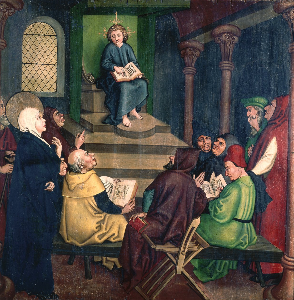 Jezus met de Doktoren, van het Altaarstuk van de Dominicanen, ca. 1470-80 door Martin Schongauer