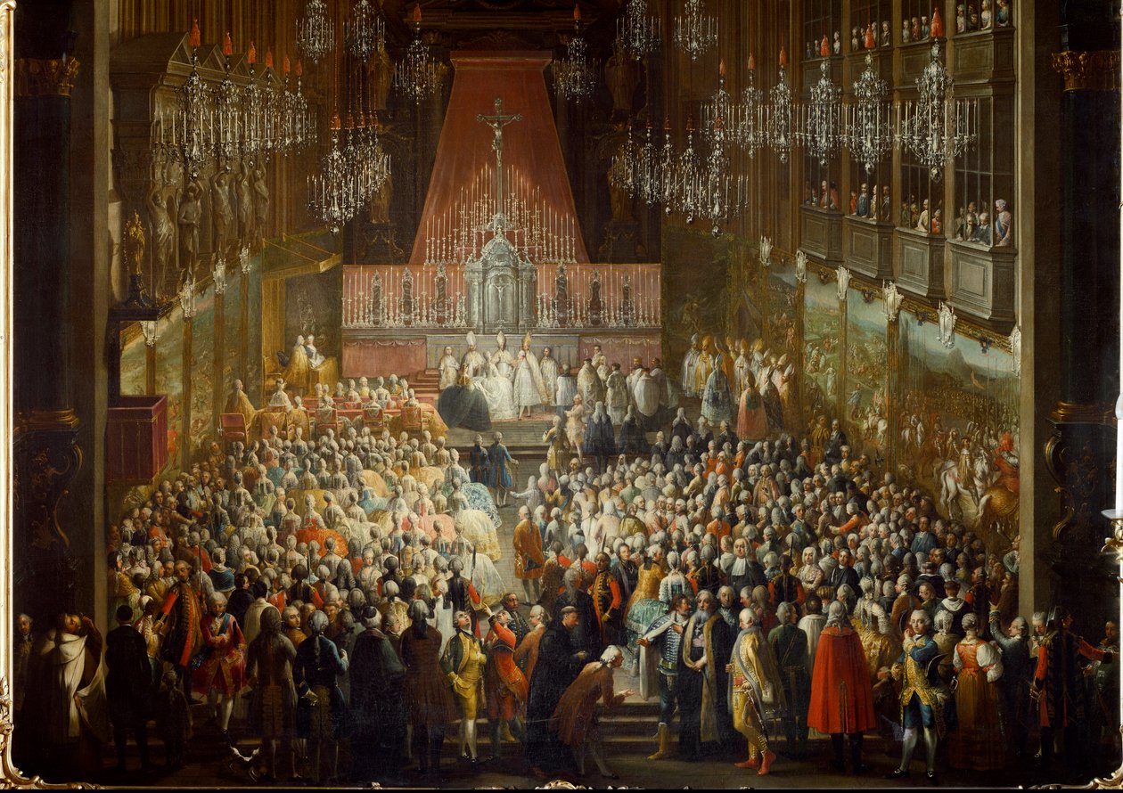 Huwelijksceremonie van Prinses Isabella van Parma met Keizer Jozef II, op 06/10/1760. (detail) door Martin (and studio) Mytens or Meytens