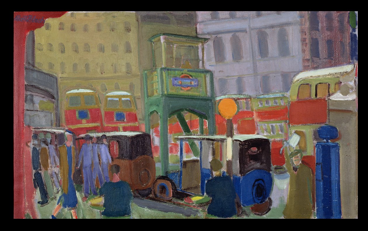 Londense straatscène (olieverf op doek) door Martin Bloch