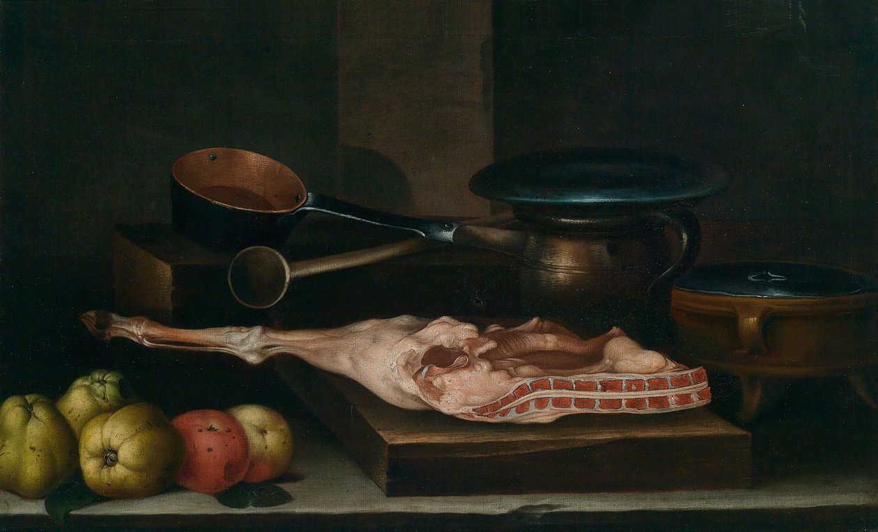 Een keukenstilleven met potten, pannen, appels en een varkenspoot door Martin Dichtl