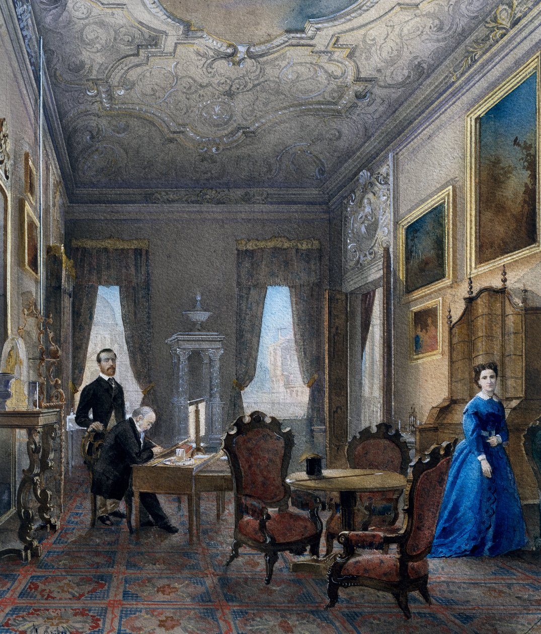 Venetiaans interieur, aquarel door Don Martin (actief in 1896), Italië door Martin Don