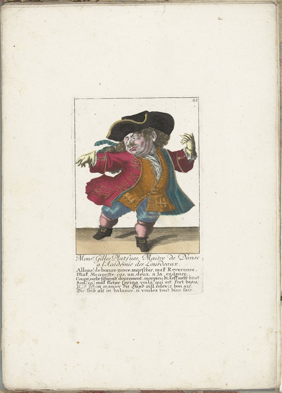 De dwerg Gilles Platfues als Franse dansmeester, ca. 1710 door Martin Engelbrecht (attributed to)