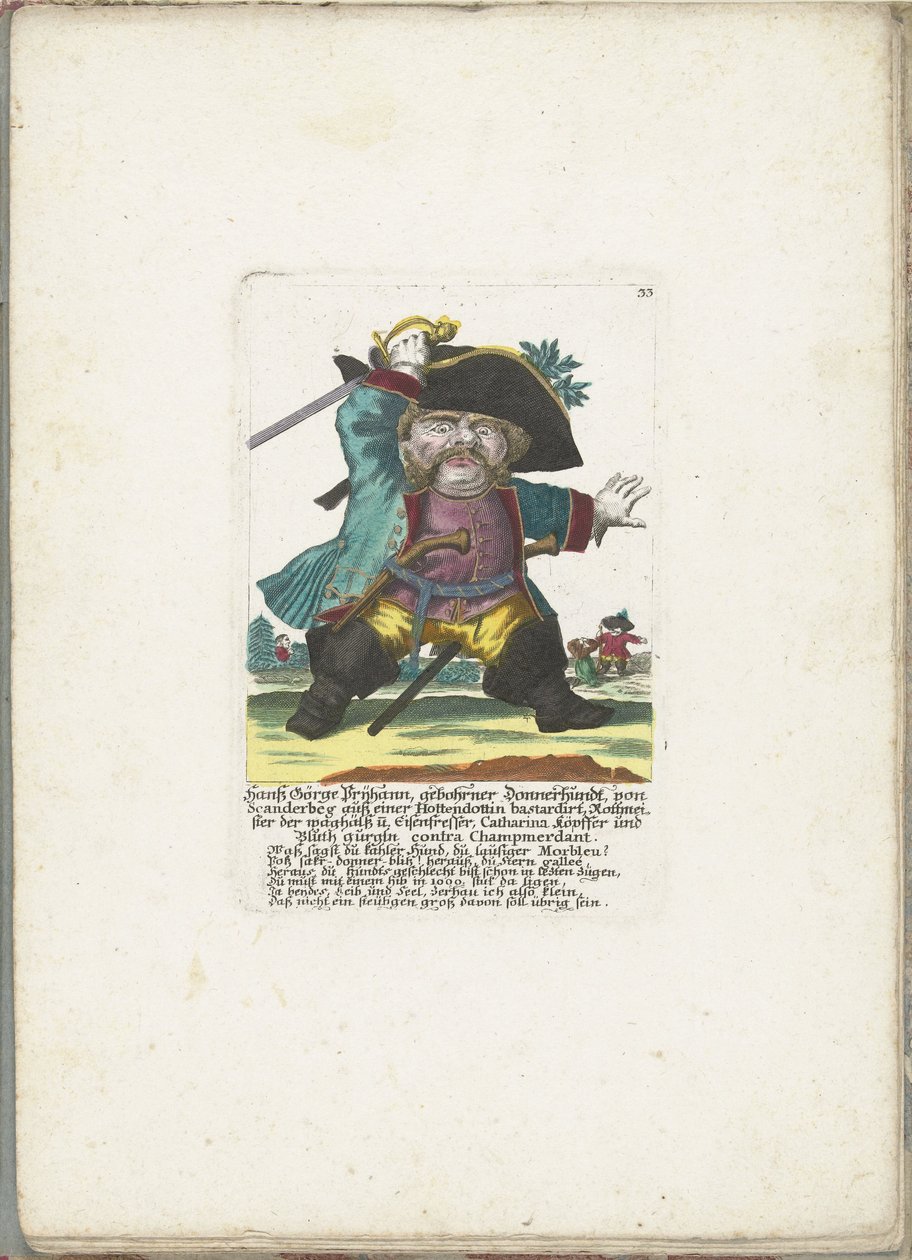 De dwerg Hanß Görge Prijhann als woeste officier, ca. 1710 door Martin Engelbrecht (attributed to)